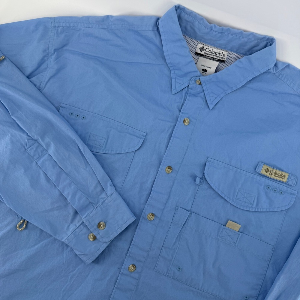 Columbia PFG Fishing Shirt Mens Large Blue Long Sleeve Vented Cotton Bahama II